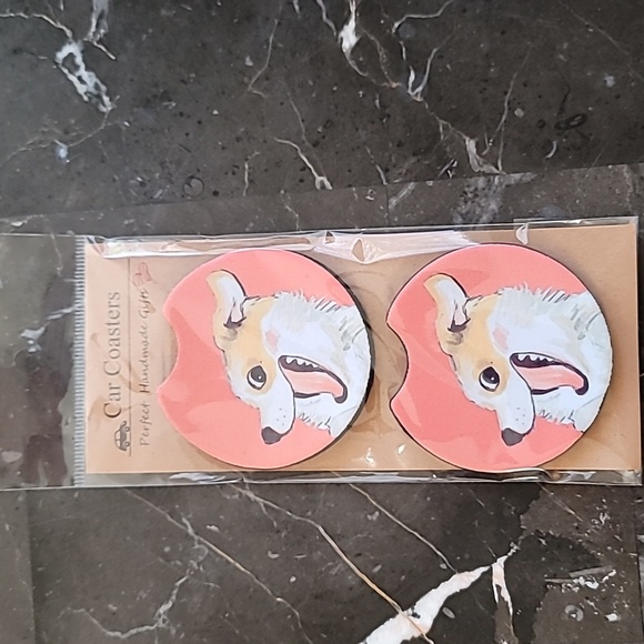 Corgi Dog Smiling Handmade Reuseable Neoprene Set of 2 Cup Holder Car Coasters - Picture 4 of 4